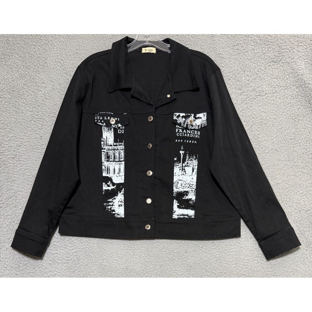 Cactus Womens Black Jean Denim Button-up Jacket Venice Italy print Size Large